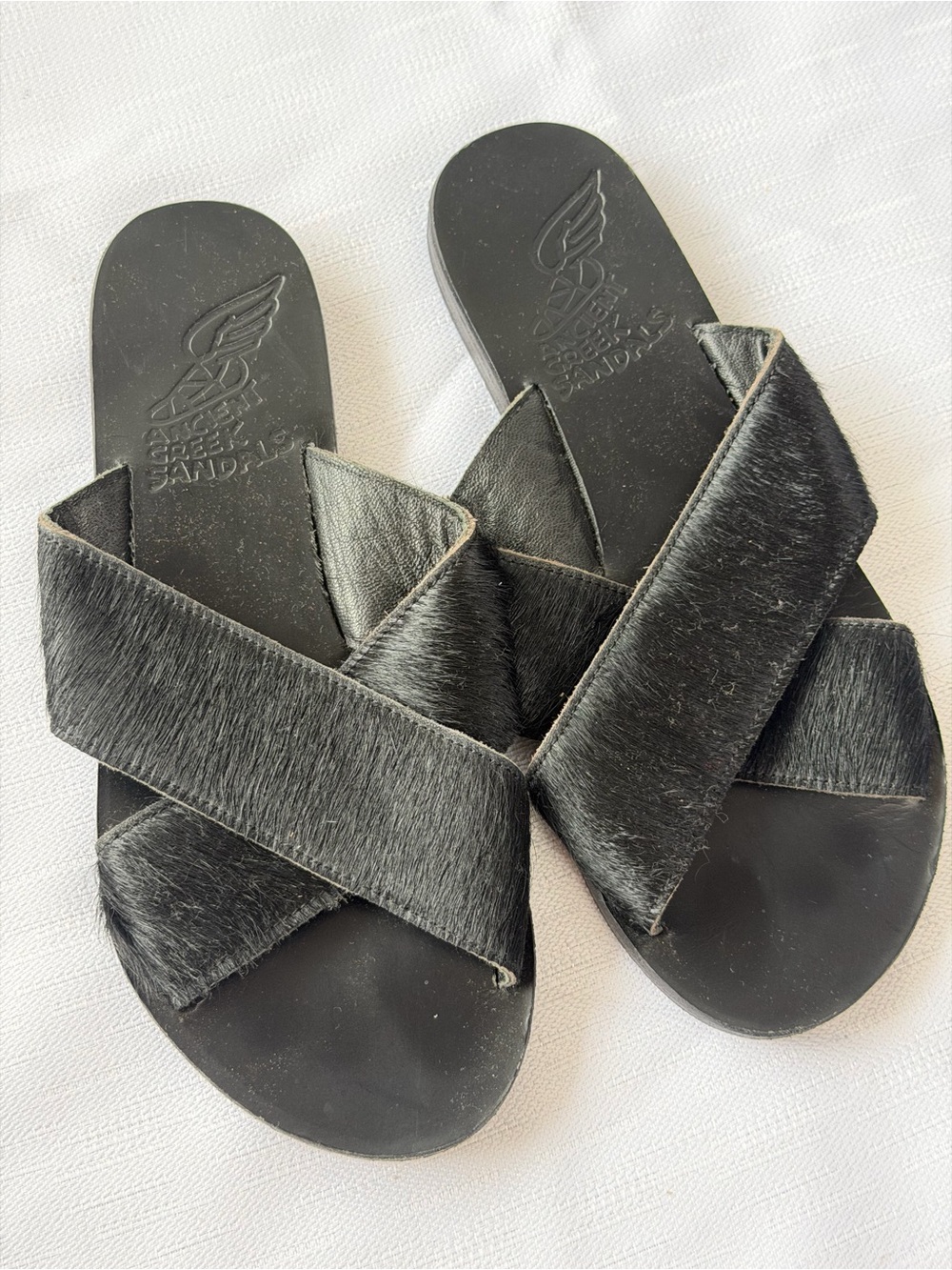 Ancient Greek Sandals Black Calf Hair Crossover Slides Size 39